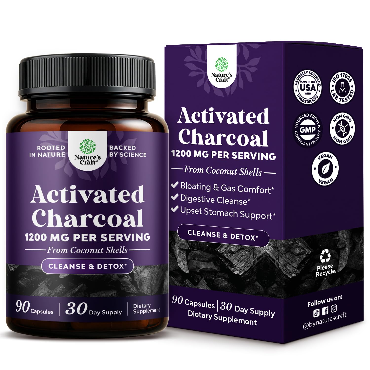 Activated Charcoal Capsules 1200mg - Coconut Charcoal Pills Stomach - 90ct 90 Count (Pack of 1)