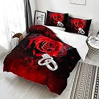 Vista 19 de AILONEN Juego de funda de edredón de rosas rojas tamaño Queen, juego de ropa de cama 3D con rosas rojas aceitadas para niñas, funda de edredón
