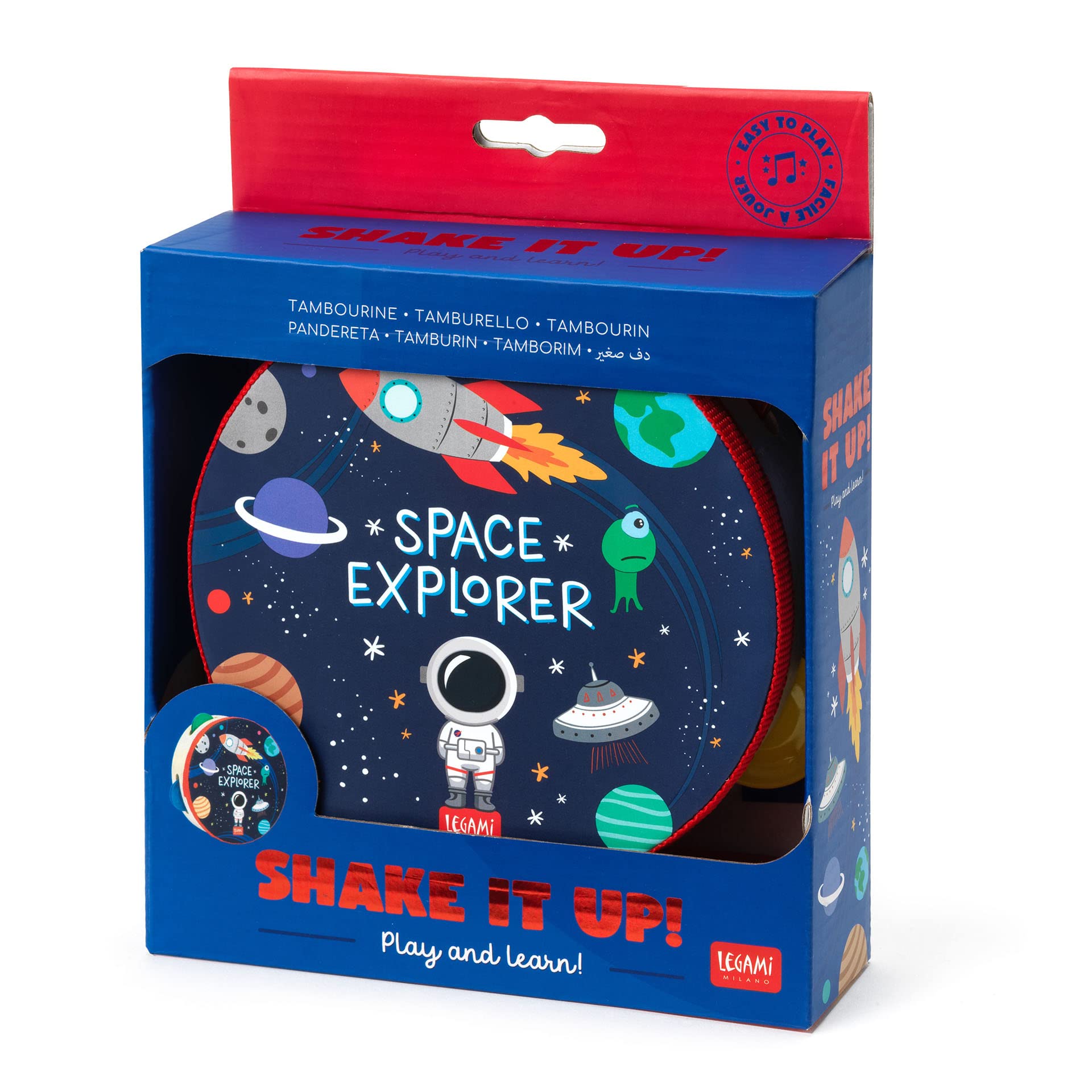 Legami - Tamburello, per Bambini, con 4 Sonagli, migliora la Coordinazione, Capacità motorie, Senso del Ritmo, Ø 14,5 cm, Tema Space