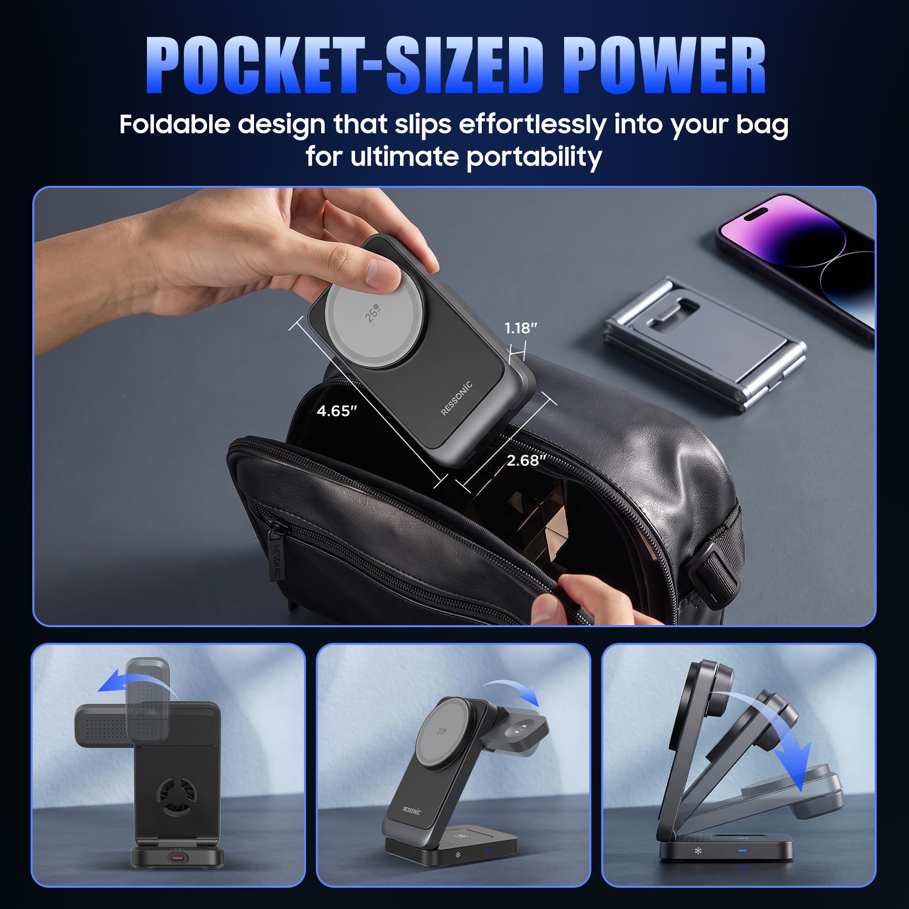 Station de charge sans fil pliable 3 en 1, support de charge rapide multi-appareils pour smartphones, montres intelligentes, écouteurs sans fil, station de charge portable pour bureau, chambre à