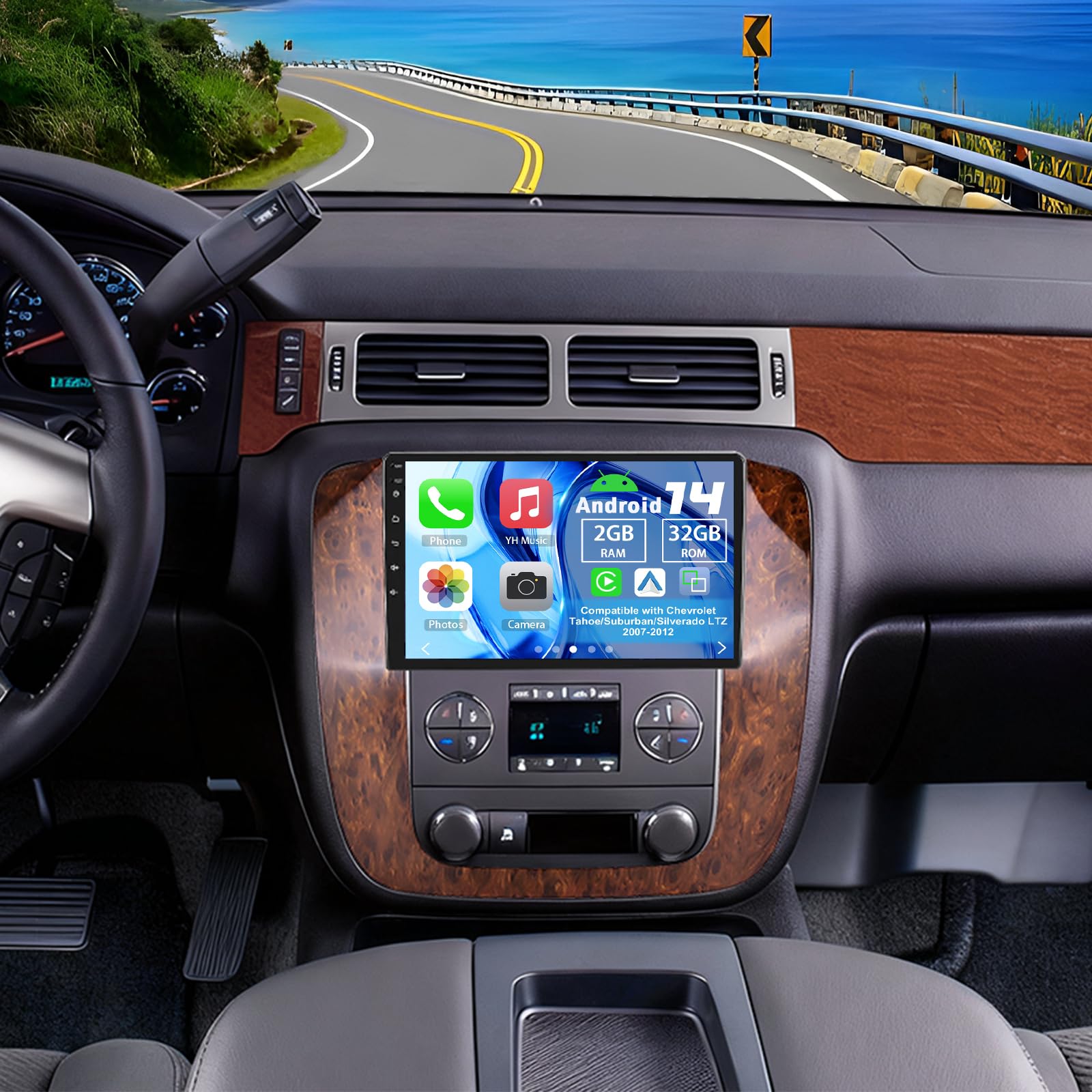 Android 14 Double Din Car Stereo Radio for Chevrolet Tahoe/Suburban/Silverado LTZ 2007-2012,9" Touchscreen Carplay Android Auto GPS WiFi Bluetooth RDS DSP SWC Mirrorlink Mic Backup Camera