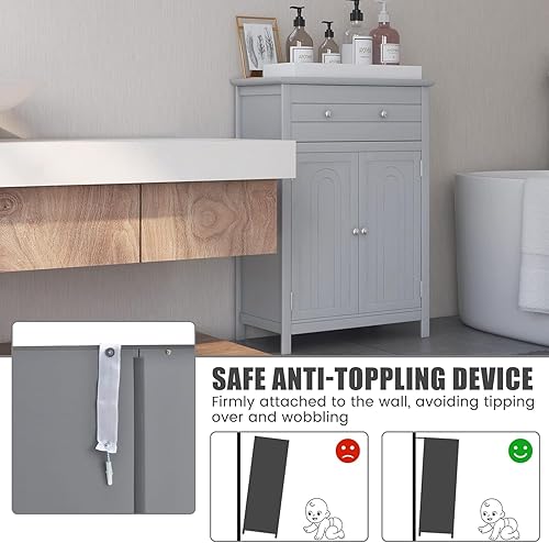 Miniatura 14 de GOFLAME Gabinete de almacenamiento de madera para baño, moderno armario organizador de baño con estante ajustable de 3 alturas, cajón y estante de 2