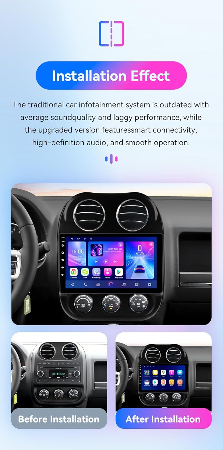 Android 14 Stereo Car Radio Upgrade for Jeep Compass Patriot (2011-2017), 8Core 4G+64G GPS Navigation with 10.1inch QLED Touchscreen Carplay | Android Auto Bluetooth EQ USB Car Tablet