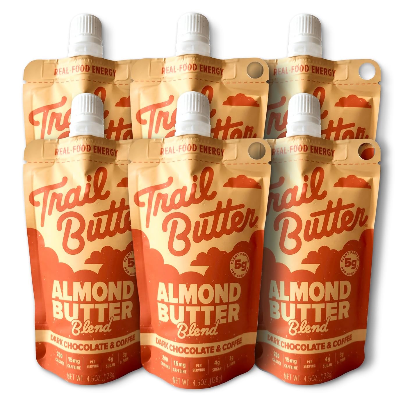 Trail Butter Big Squeeze Nut Butter Energy Pouches, 4.5oz (6-Pack) – Real Food Endurance Fuel, Protein Snack for Hiking, Camping & Active Lifestyles – 20g of Protein per Pouch – Dark Chocolate & Coffee