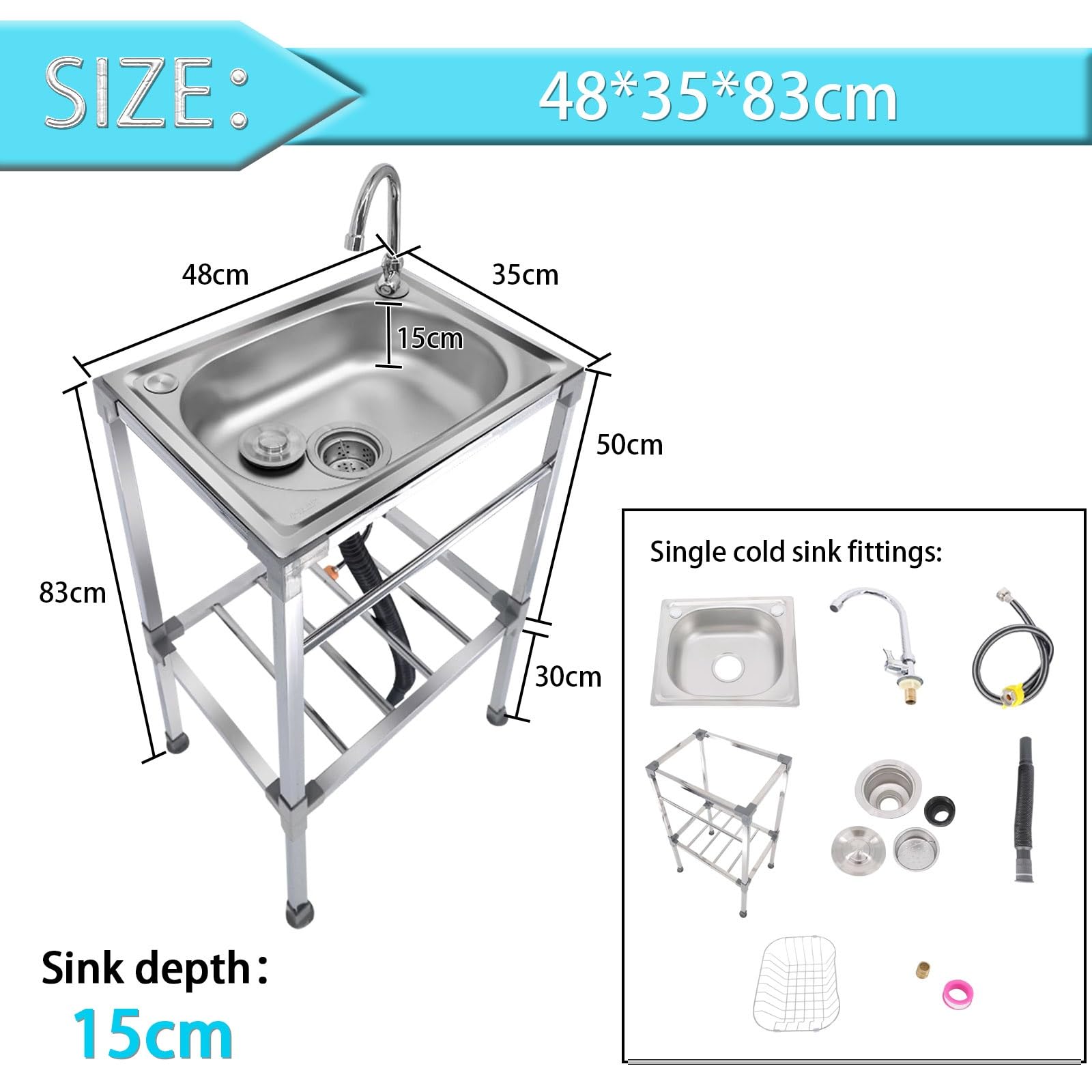 Fregadero Simple Al Aire Libre con Soporte Fregadero de Acero Inoxidable 304 Independiente Fregaderos de Cocina Restaurante Camping Parrilla Exterior Jardin Portatil Fácil de montar Polivalente ( Size