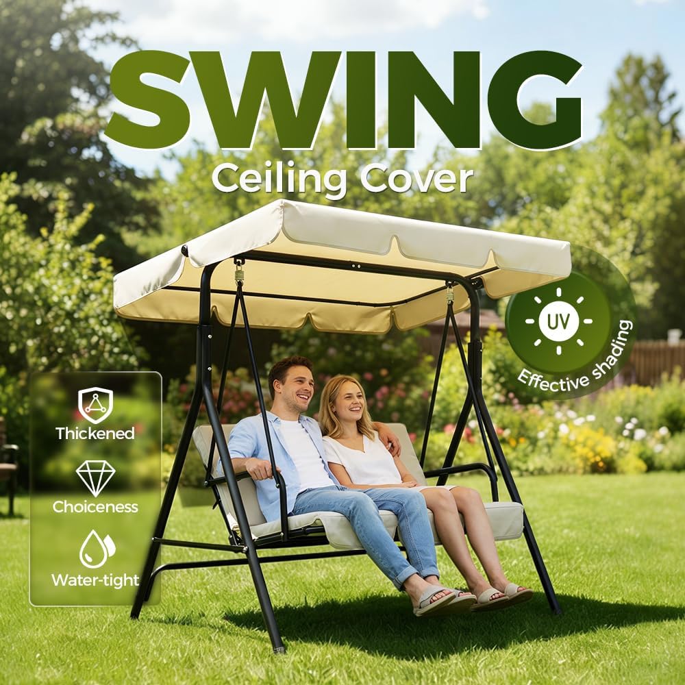 Outdoor Swing Canopy Replacement Top Cover, 2/3 Seater Hammock Cover Top, Universal Waterproof Replacement Patio Swing Canopy Replacement Cover for Garden Swing Chair Patio Hammock (Beige, Large)
