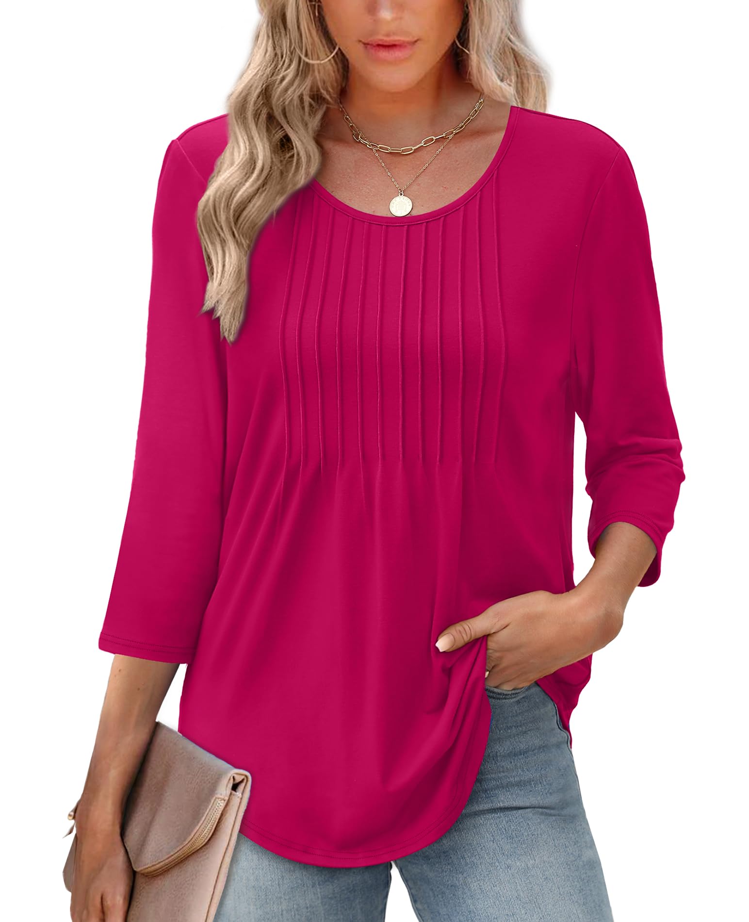 XIEERDUO 3/4 Length Sleeve Tops for Women 2026 Crewneck Casual Pleated Tunic Tops Shirts Blouses