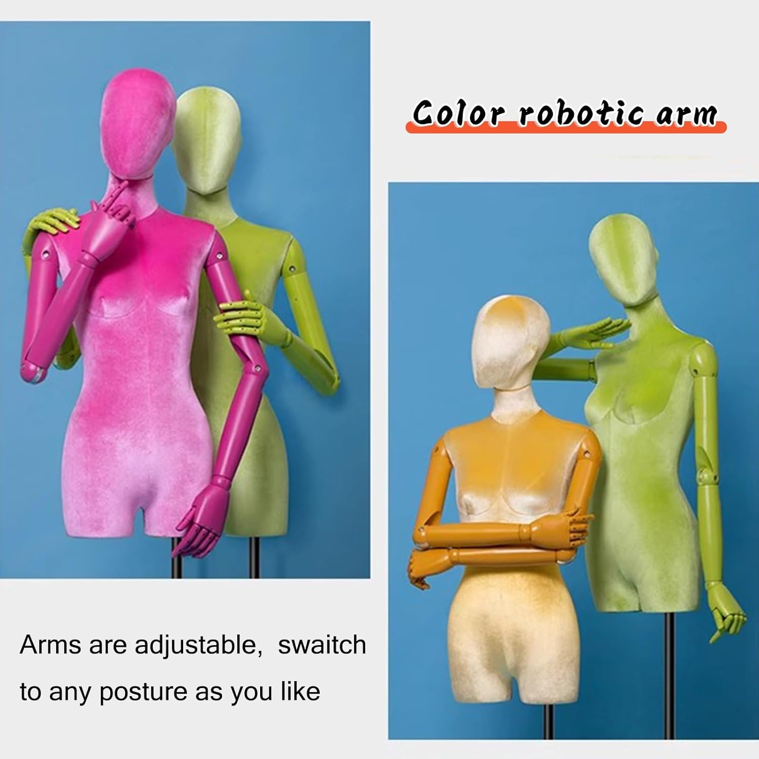 Clothing Store Human Retail Mannequins, Adjustable Height 62.2-78.7In Metal Bracket Manikin, Poseable Solid Wood Arm,Orange,Triangle