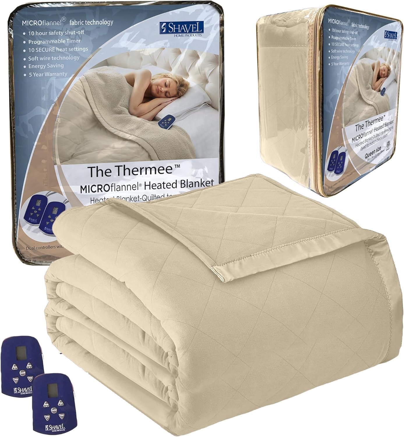 Shavel Home Products Micro Flannel Blanket Queen Size Heated Blanket with 10 Settings, Programable Heating Blanket, Luxuriously Soft Heated Throw Blanket, Rapid Heating Thermal Blanket – Chino Chino Queen