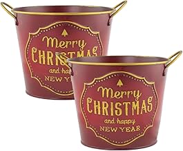 Set of 2 Round Metal Christmas Red Plant Pot 15cm, 6inch Tin Pail Planter Gold Indoor Xmas Decor