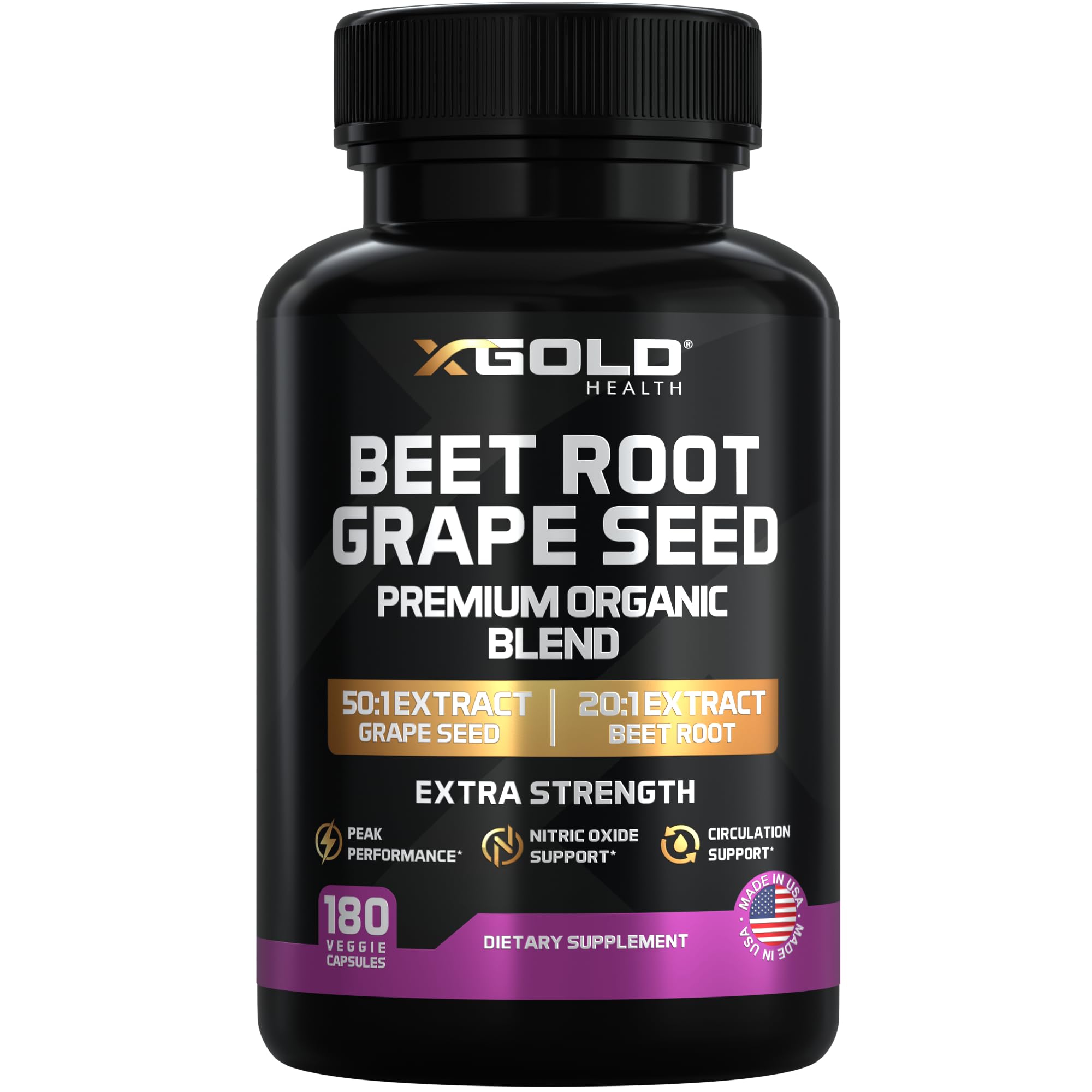 X Gold Health Organic Beet Root Capsules with Grape Seed Extract, 180 Count