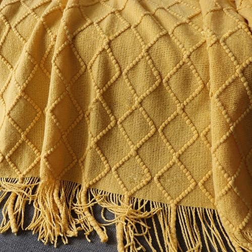 Miniatura 6 de Manta suave, cálida y tejida con flecos decorativos, ligera para cama o sofá decorativa (amarillo, 50 x 90 pulgadas)