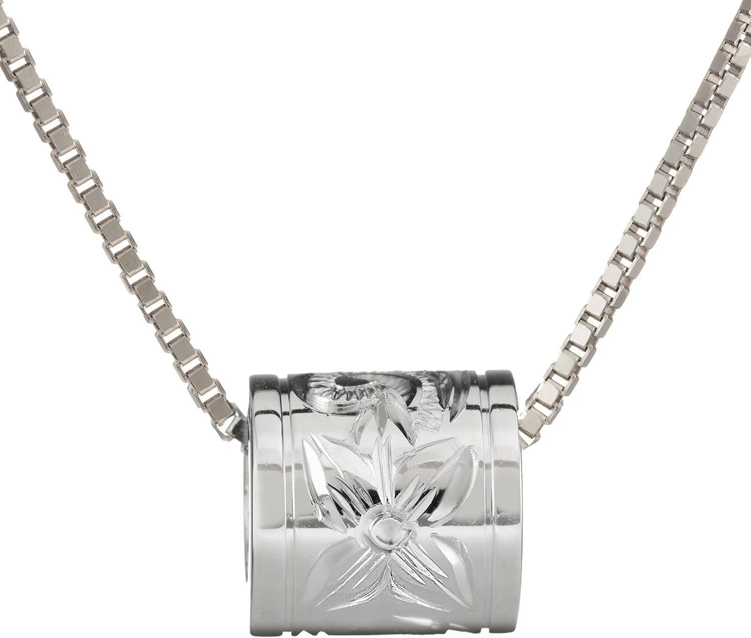 Sterling Silver Plumeria Flower Princess Scroll Barrel Necklace Pendant with 18" Box Chain