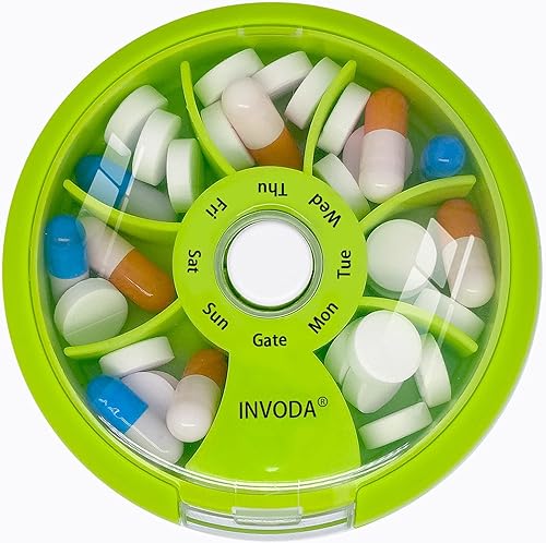 Miniatura 19 de INVODA - Organizador semanal de pastillas con 7 compartimentos, pastillero giratorio para medicación diaria y vitaminas - Estuche portátil de viaje
