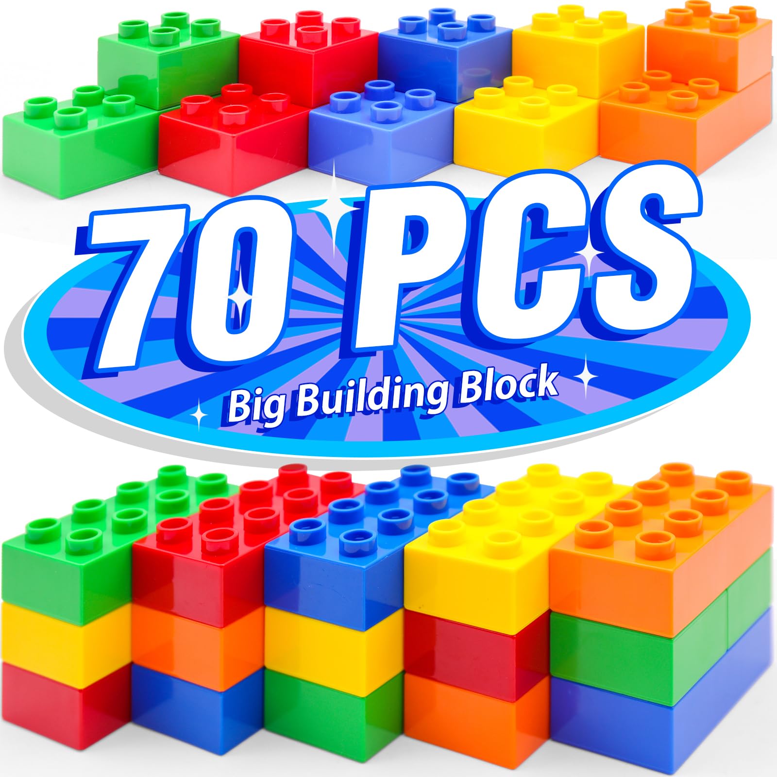 Building Blocks Set, 70 Pieces, 2x2 & 2x4 Shapes, Large Duplo-Compatible Bricks, ABS Material, Educational Toy for Creative Thinking, Compatible with Duplo Bricks, for Toddlers 2, 3, 4, 5, 6 Years.