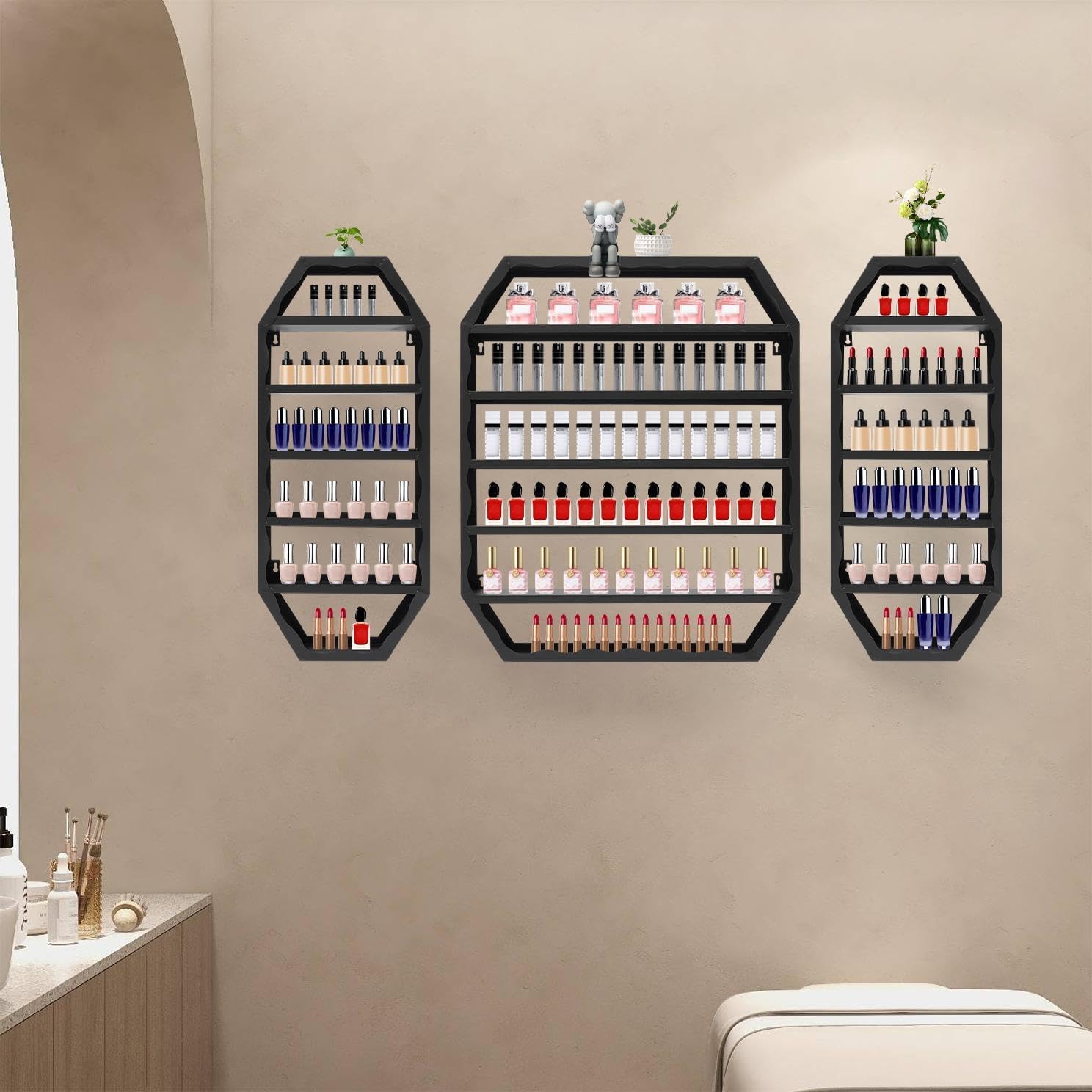 Wall Mounted Nail Polish Organizer,Nail Polish Bottle Holder,Perfumes Lipsticks Vases Display Rack,6 Tiers Octagonal Storage Rack for Homes, Nail Salons, Spas, Stores (Black)