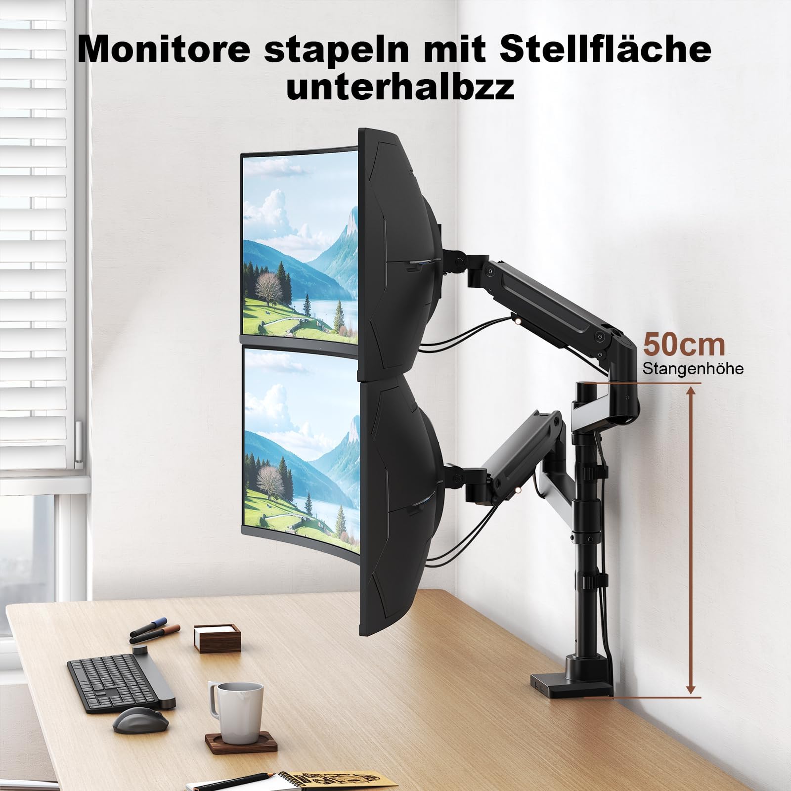 PUTORSEN Monitorhalterung 2 Monitore für 17 bis 49 Zoll Bildschirme bis 20 kg pro Arm, Extra Langer Tischhalterung Höhenverstellbar Schwenkbar für optimale Ergonomie, VESA 75/100mm