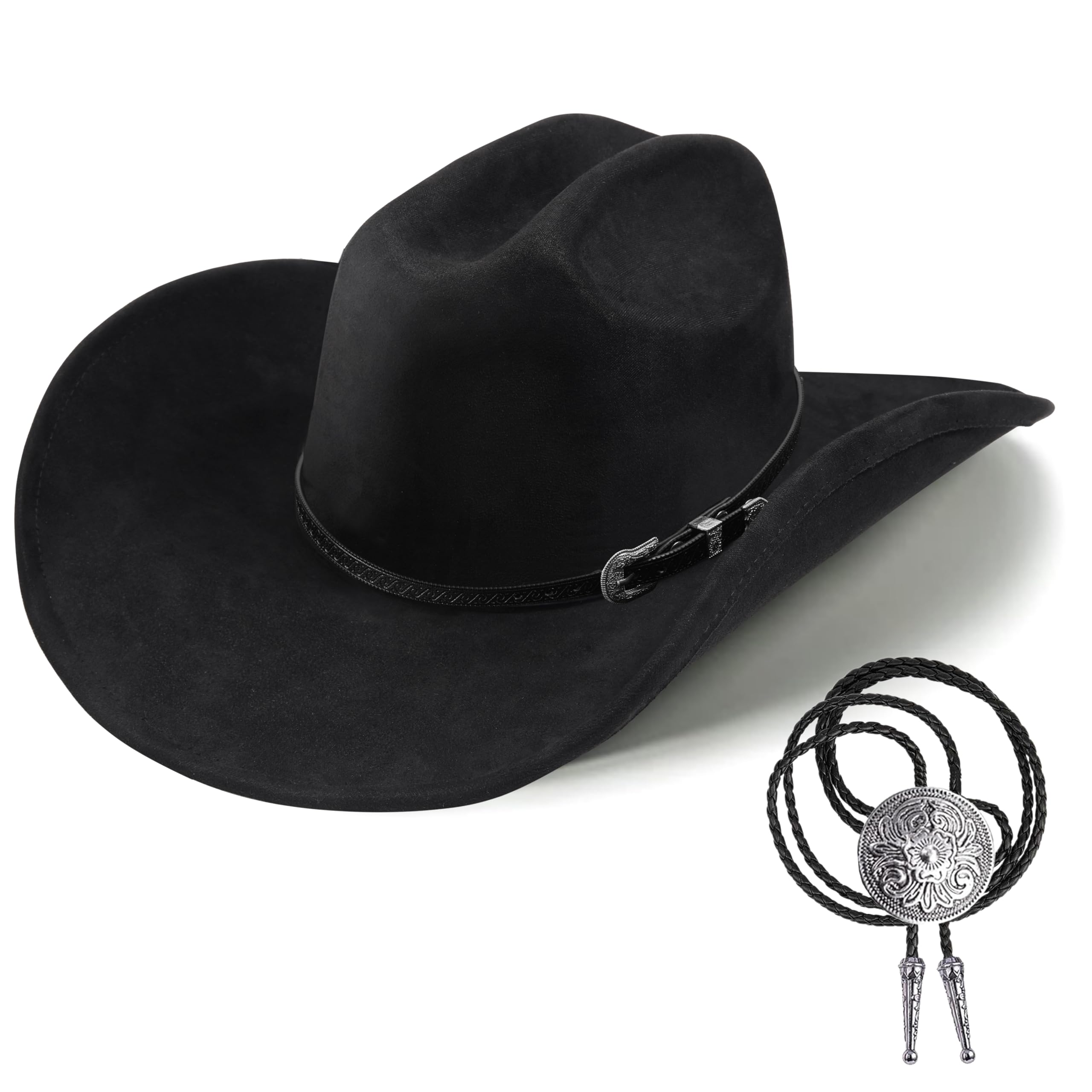 Western Cowboy Hat for Men Women Shapeable Wide Brim Felt Fedora Classic Cowgirl Hats with bolo tie