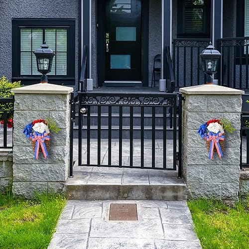 Miniatura 5 de Cesta colgante patriótica artificial Decoración de puerta delantera del 4 de julio, decoraciones de patio del día de la independencia, decoración