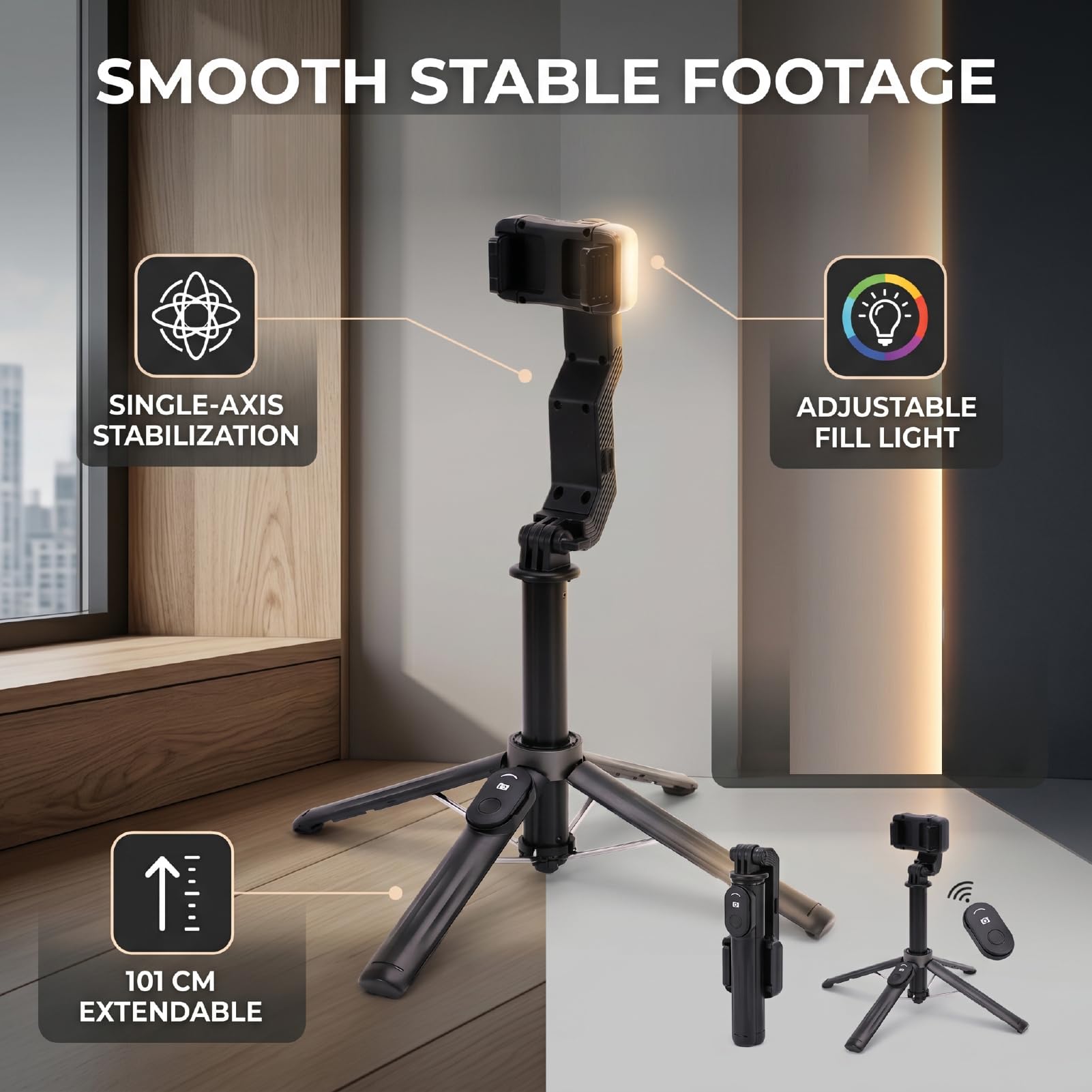 XUMIUZIY Bastone per Selfie, Treppiede con Telecomando Bluetooth 5.2, 101 | Anti-shake, Luce LED con 3 Colori e 3 Livelli, Supporta Android e IOS
