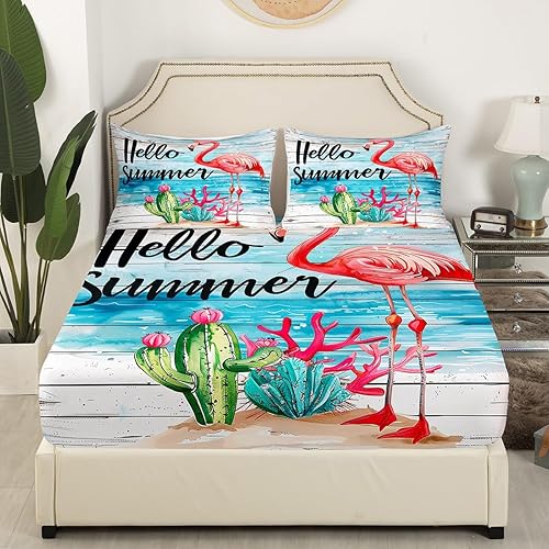 Miniatura 3 de Manfei Sábana bajera ajustable de flamenco rosa, tamaño matrimonial, juego de ropa de cama de playa de verano de 3 piezas para decoración de
