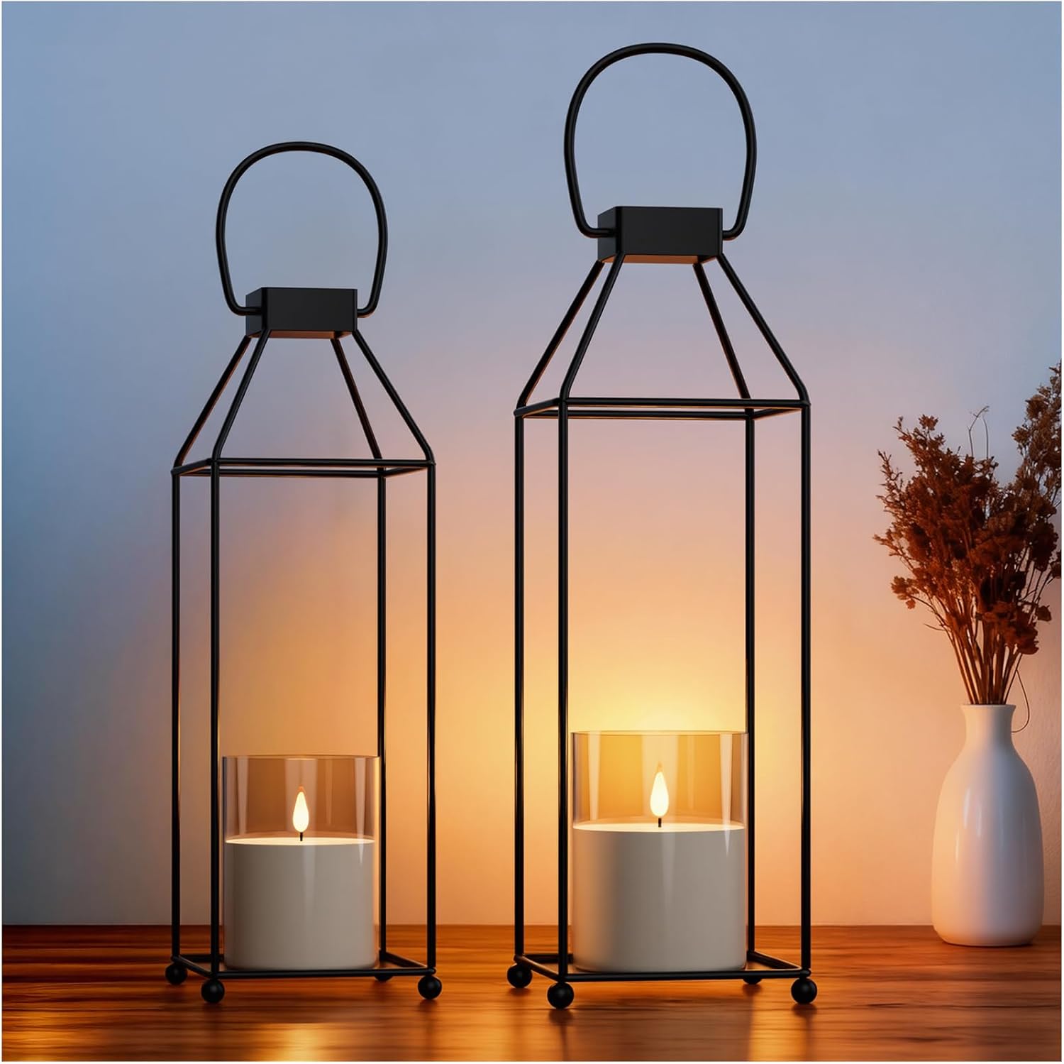 2 Pack Decorative Candle Lanterns，Modern LED Candle Lantern with AAA Battery, 1.5V, for Indoor & Outdoor Decor