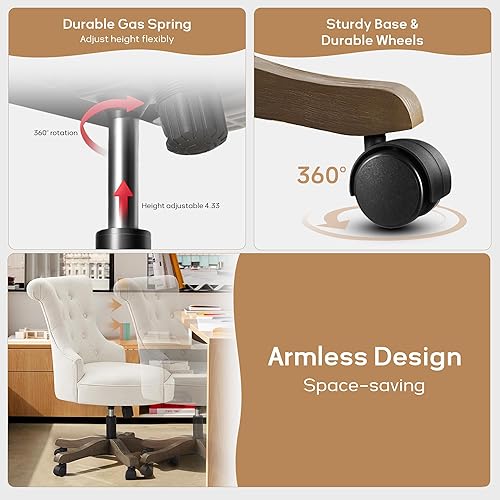 Miniatura 5 de HUIMO Silla de oficina en casa, sillas de escritorio tapizadas sin brazos con ruedas, altura ajustable, silla de escritorio para computadora con