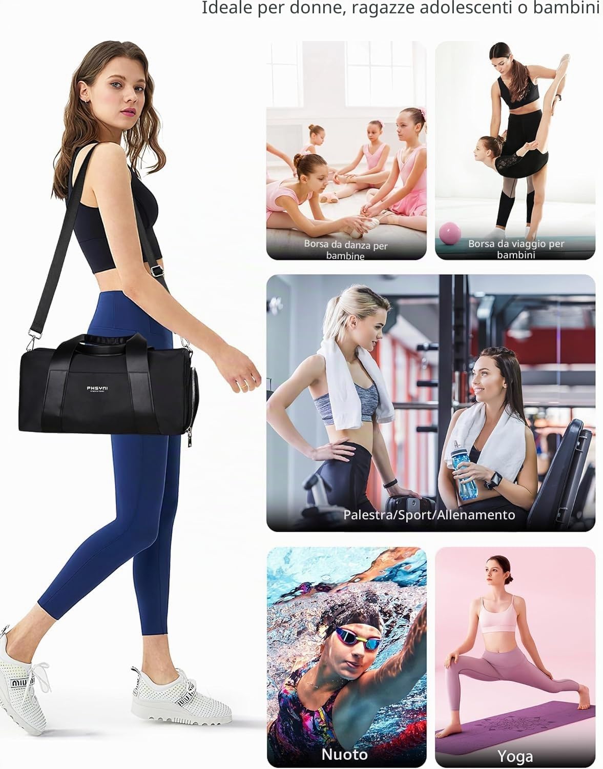 Borsone Palestra Donna & Bambini,Borsa Sportivo con Porta Scarpe e Tasca Umida da Viaggio, Sport, Fitness, Piscina(Nero,40x19x20 cm,15L)