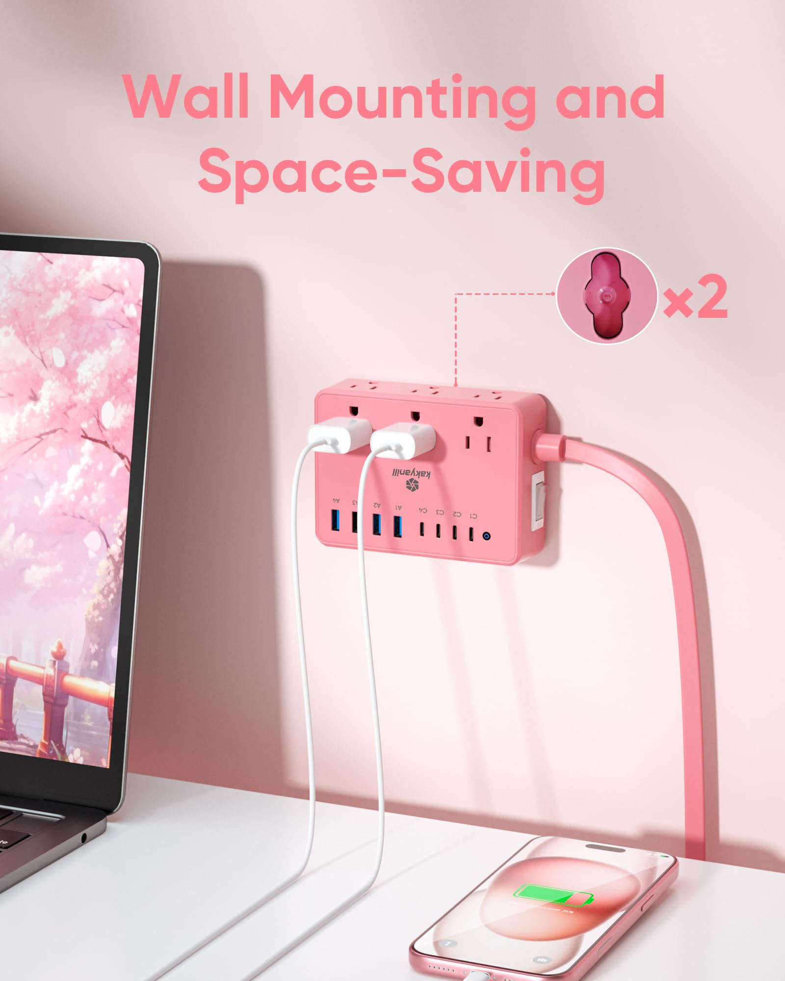 Kakyanill - Regleta de alimentación rosa, 6 salidas de CA, 8 puertos USB (4 USB C) con protector de sobretensiones 2000J, cable de extensión de enchufe plano de 5 pies, compacto para computadora