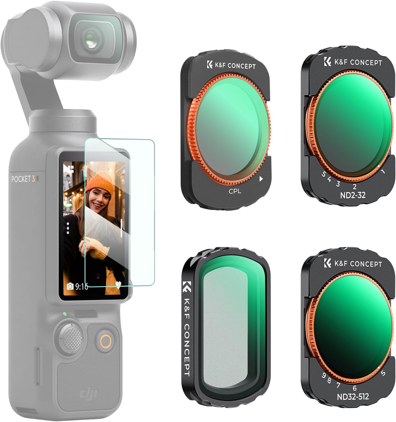 K&F CONCEPT Magnetic Variable ND&CPL& Black Diffusion 1/4 Filter Set for DJI Osmo Pocket 3 Creator Combo Accessories - 4 Pack CPL Black Diffusion 1/4 ND2-32(1-5 Stop) ND32-512(5-9 Stop) Filters