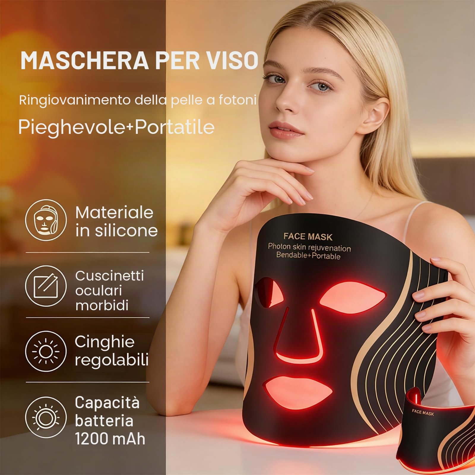 Maschera a LED per viso e collo, 7 colori, dispositivo di bellezza rosso e a infrarossi, 309 LED 3 in 1, 5 livelli di intensità, timer automatico, telecomando cablato, maschera per la cura