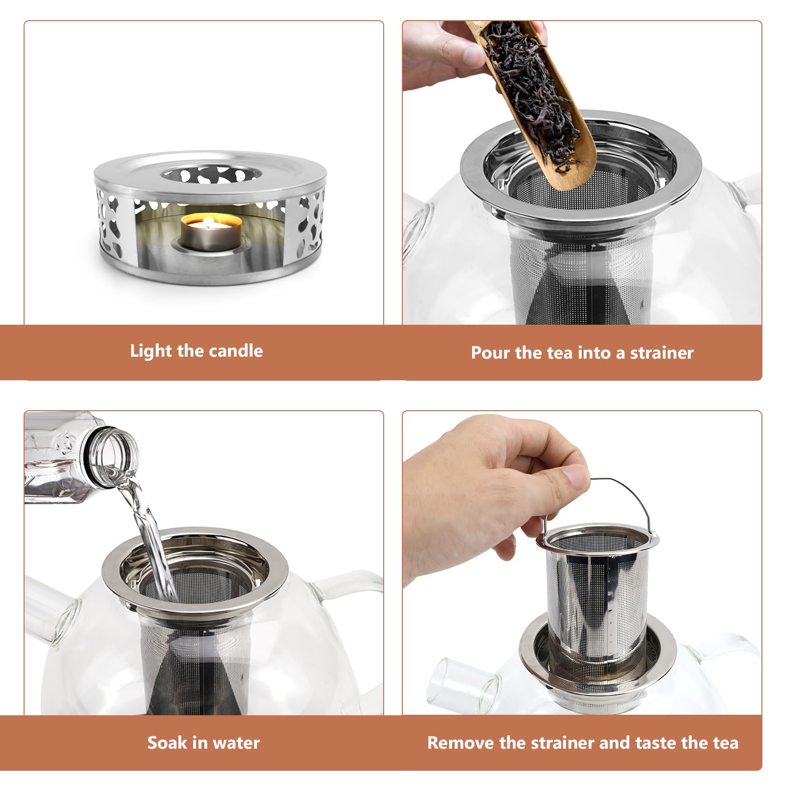 1500ML Teekanne mit Siebeinsatz aus Glas, mit Stövchen, Teapot with Strainer, Teekanne mit Teelicht Wärmer, für Losen Tees Fruchttee Duftender Tee (GlasteekanneSet)