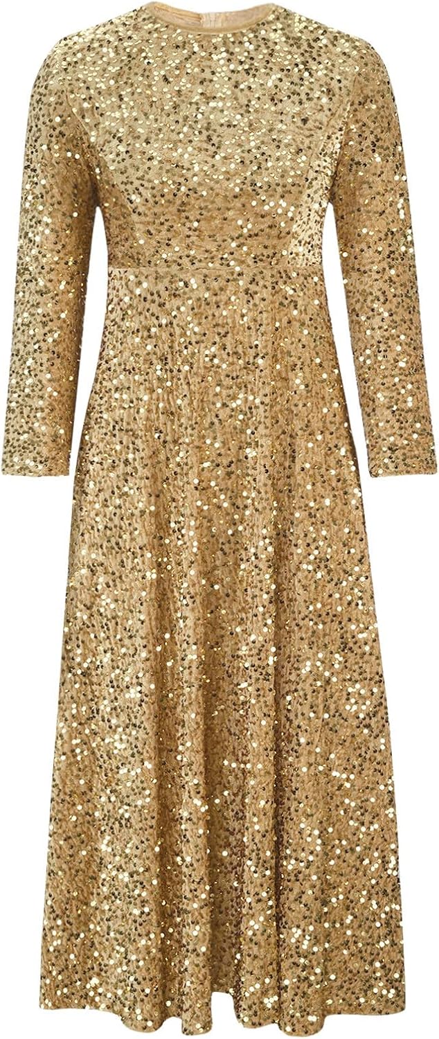 Women Sparkly Sequin Midi Dress,Long Sleeve High Waist Party Dresses