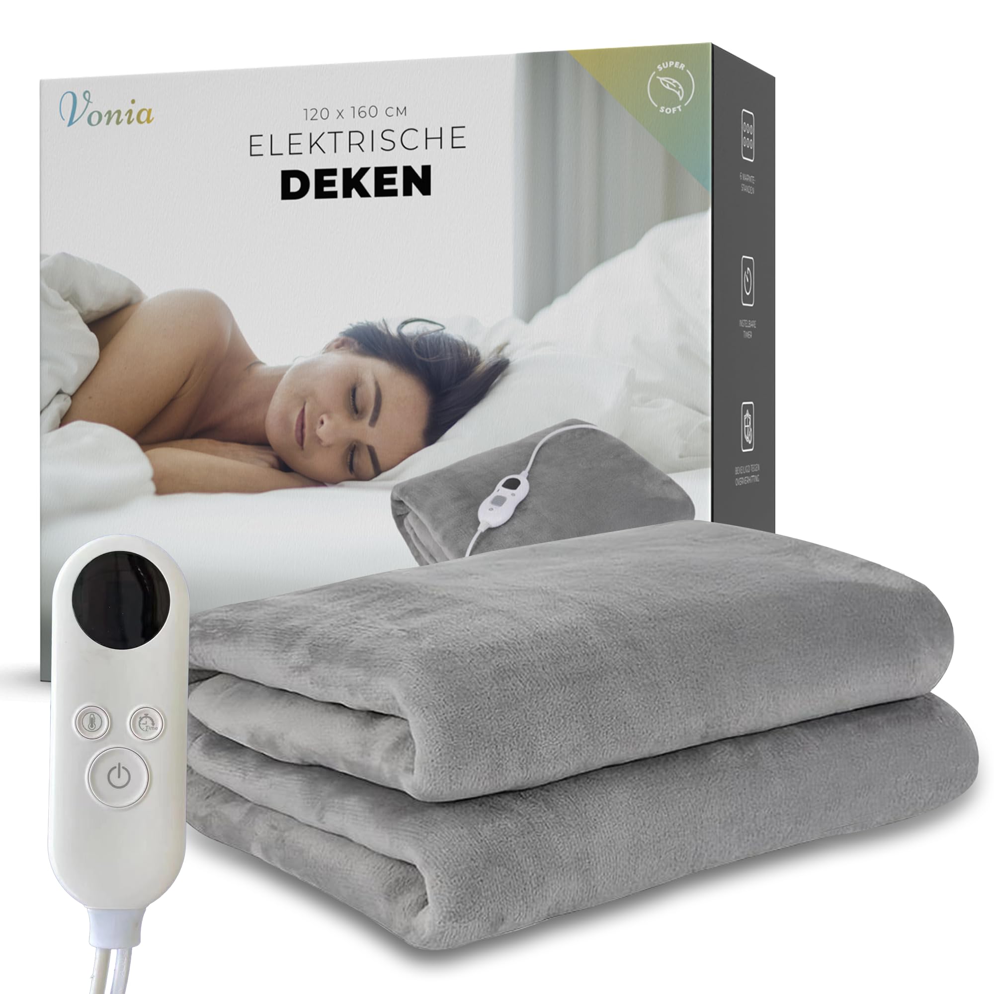 Vonia Koc elektryczny, koc termiczny, koc grzewczy, automatyczne wyłączanie, 120 W, 6 poziomów ogrzewania, timer, dla 1 osoby, można prać, 160 x 120 cm, (szary)