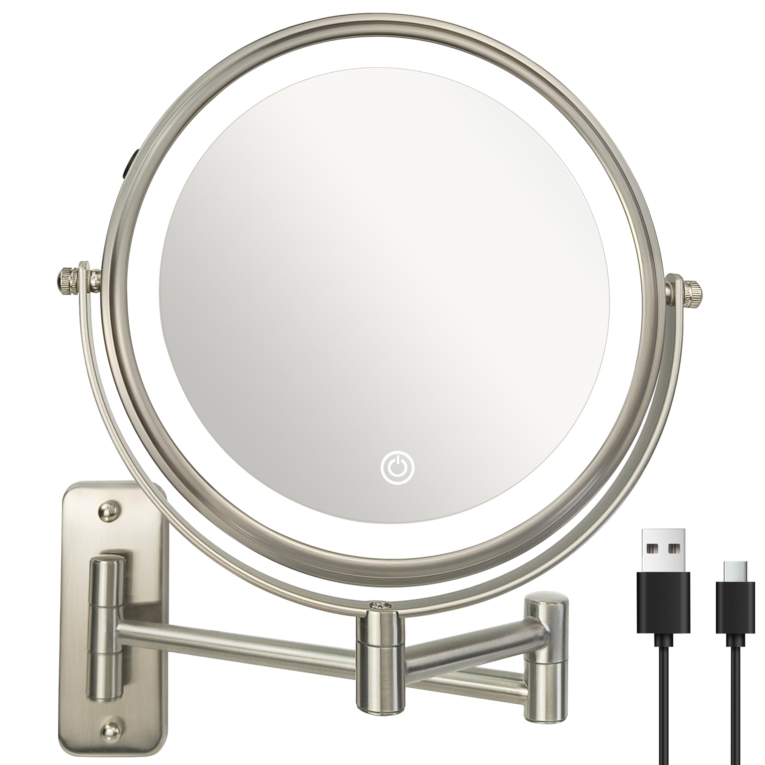 JANEEVA 8" Wall Mounted Lighted Makeup Mirror,Rechargeable Double Sided 1X/10X Magnifying Mirror with 3 Color Lights,Touch Dimmable Bathroom Vanity