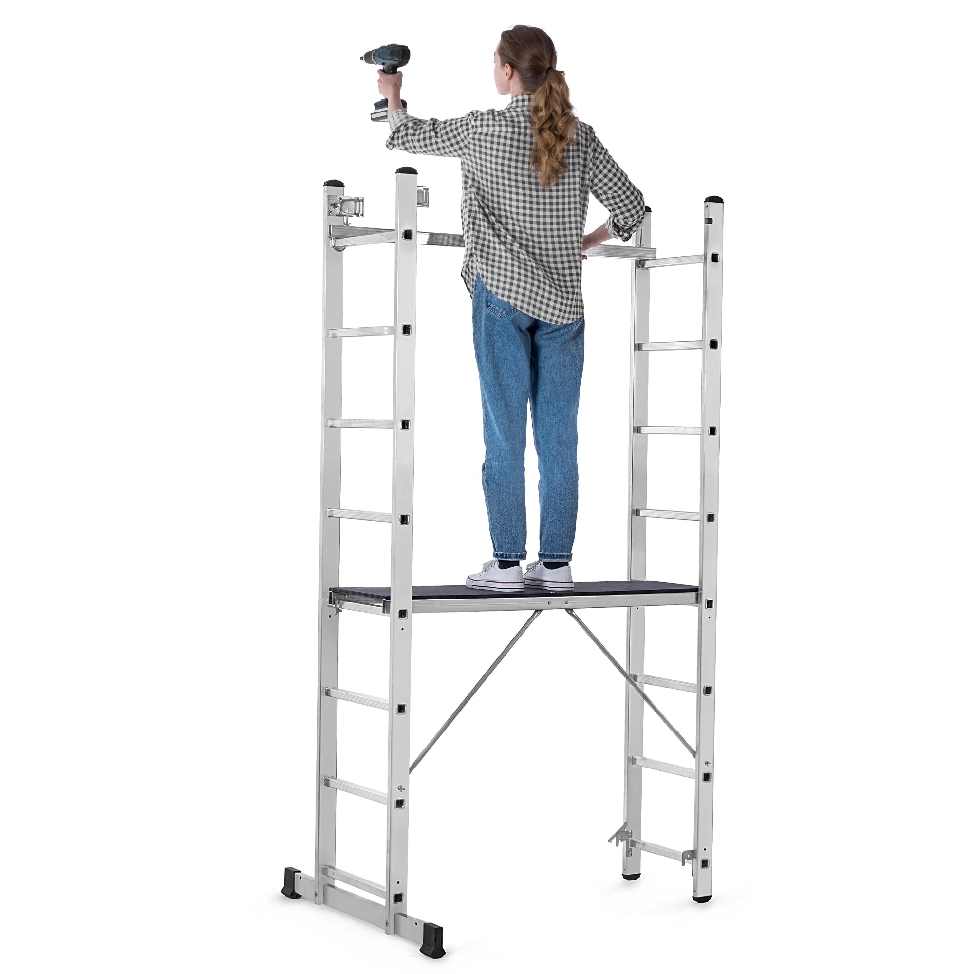 KADAX Andamio Aluminio 16 peldanos | 114x214cm | Plataforma Antideslizante | Escalera Plegable Multiusos | hasta 150kg