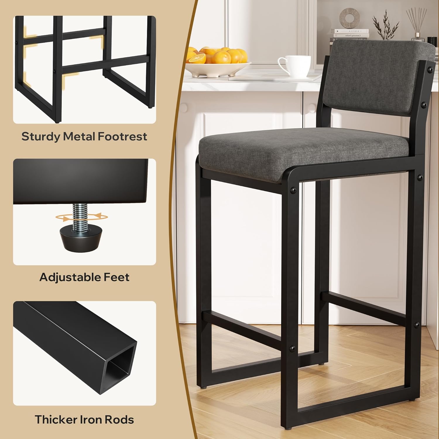 Bar Stools Set of 3, Fabric Counter Height Bar Stools with High Back and Metal Legs, Upholstered Bar Chairs, 26" Modern Barstools for Kitchen Island, Grey