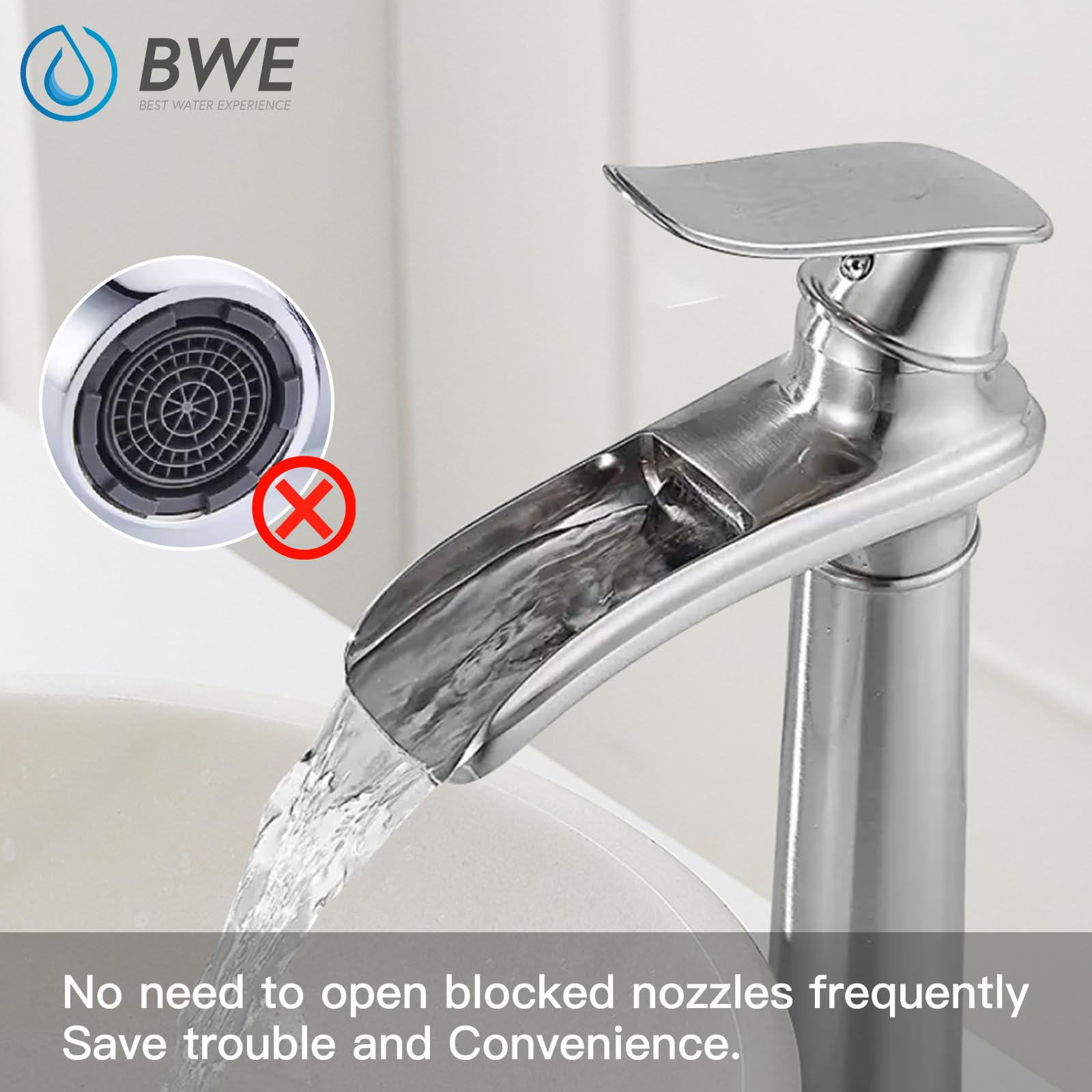 BWE Waschbeckenarmatur Hoch – Gebürstetes Nickel, Einhebel, Mit Wasserfall-Auslauf
