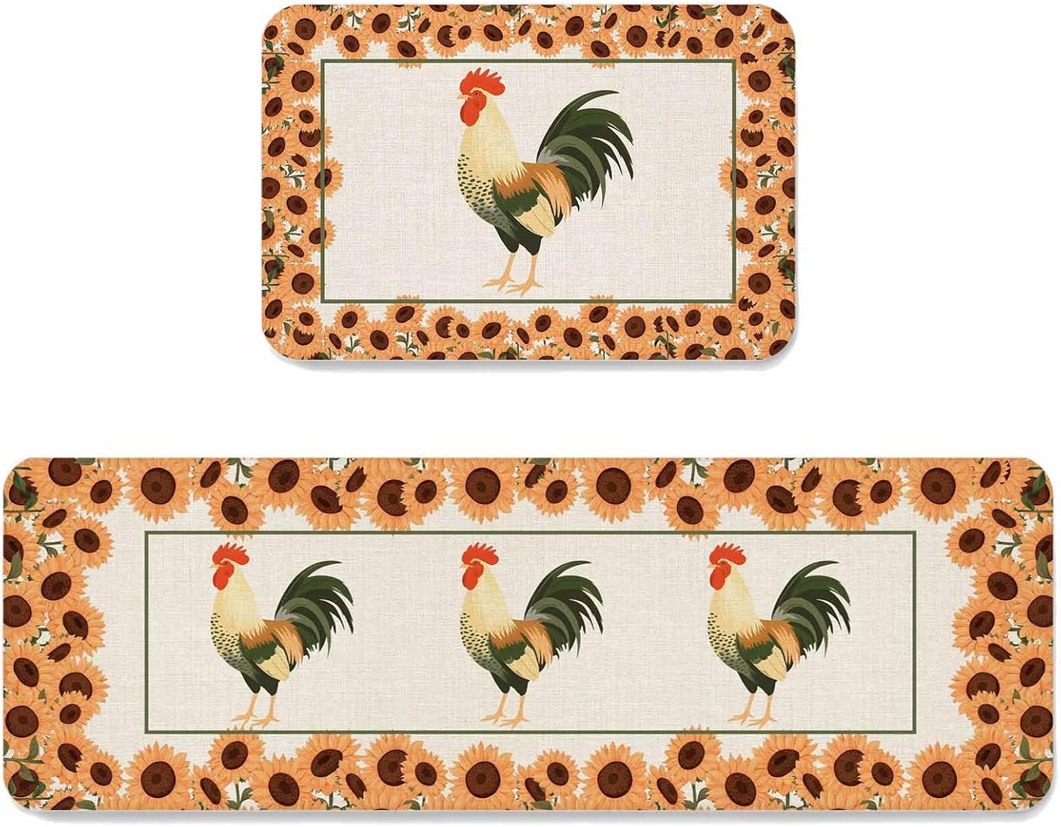 Farmhouse Rooster Kitchen Mat Set 2 Pieces Vintage Yellow Sunflowers Border Rustic Linen Texture Non Slip Kitchen Rugs Washable Runner Mats for Floor Sink Laundry Office 19.7" x 31.5"+19.7" x 47.2"