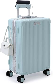 NOBL Classic All-in-One Carry-On Suitcase 20 Hardshell Spinner Luggage with Cup & Phone Holder, USB Charging Zipperless TSA Lock, Polycarbonate Shell, 360 Wheels Fits Overhead Bin, Powder Blue