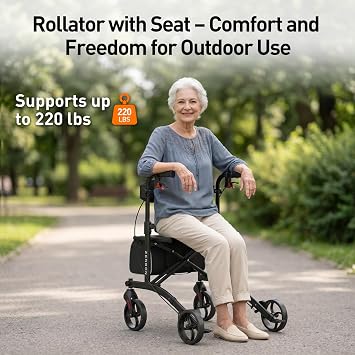 Foldable and Lightweight Rollator with Seat: Height-Adjustable Rollators for Seniors - Narrow for Home Walking Aid Foldable for Outdoor Travel