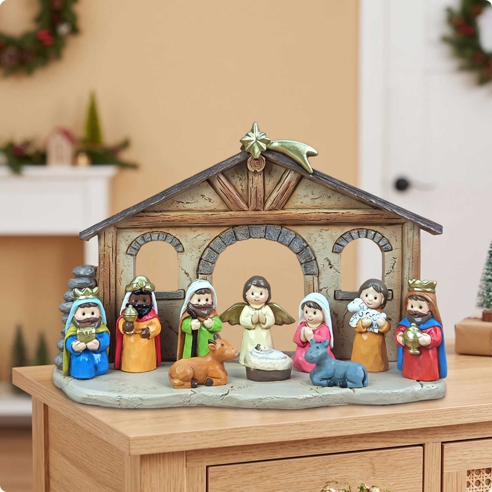 Crèche Noël Spirituel | Aspect Bois Sculpté, Crèche Noël En Résine, Traditionnel, Statuettes Religieuses