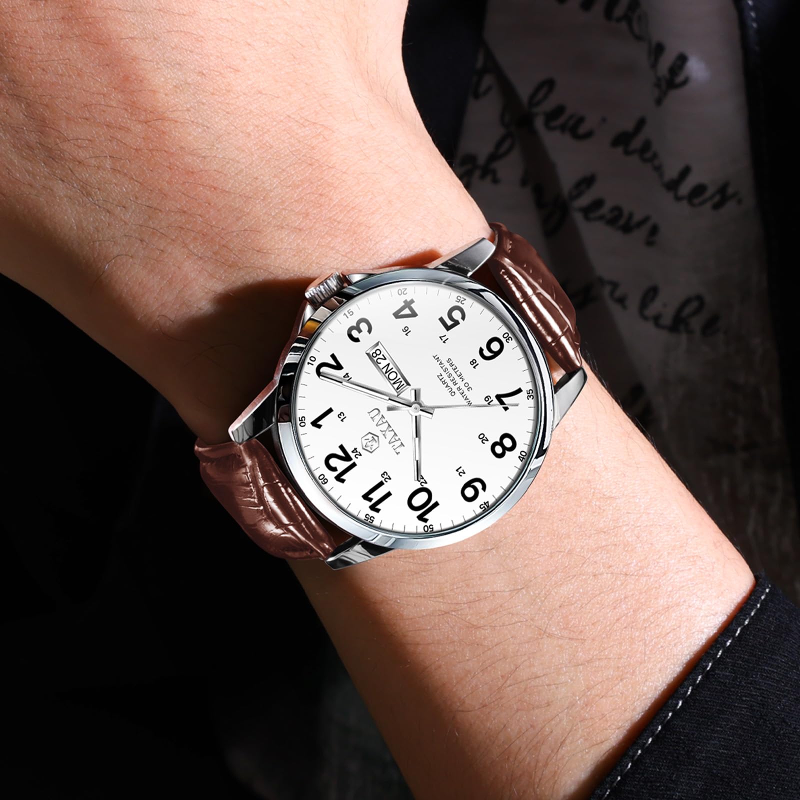 Taxau Uhren Herren Klassischus Lederarmband Wasserdicht Großes Zifferblatt