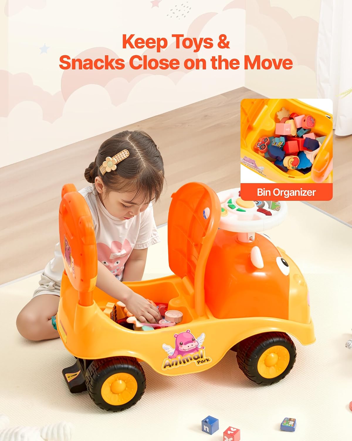 VEVOR Ride On Toddler Push Car, Push Car for Toddler 19 to 36 Months, Kids Ride On Toy with Horn & Music, 48.5 lbs Load Capacity, Under-seat Storage, Foot-to-Floor Walker for Toddlers Boys Girls