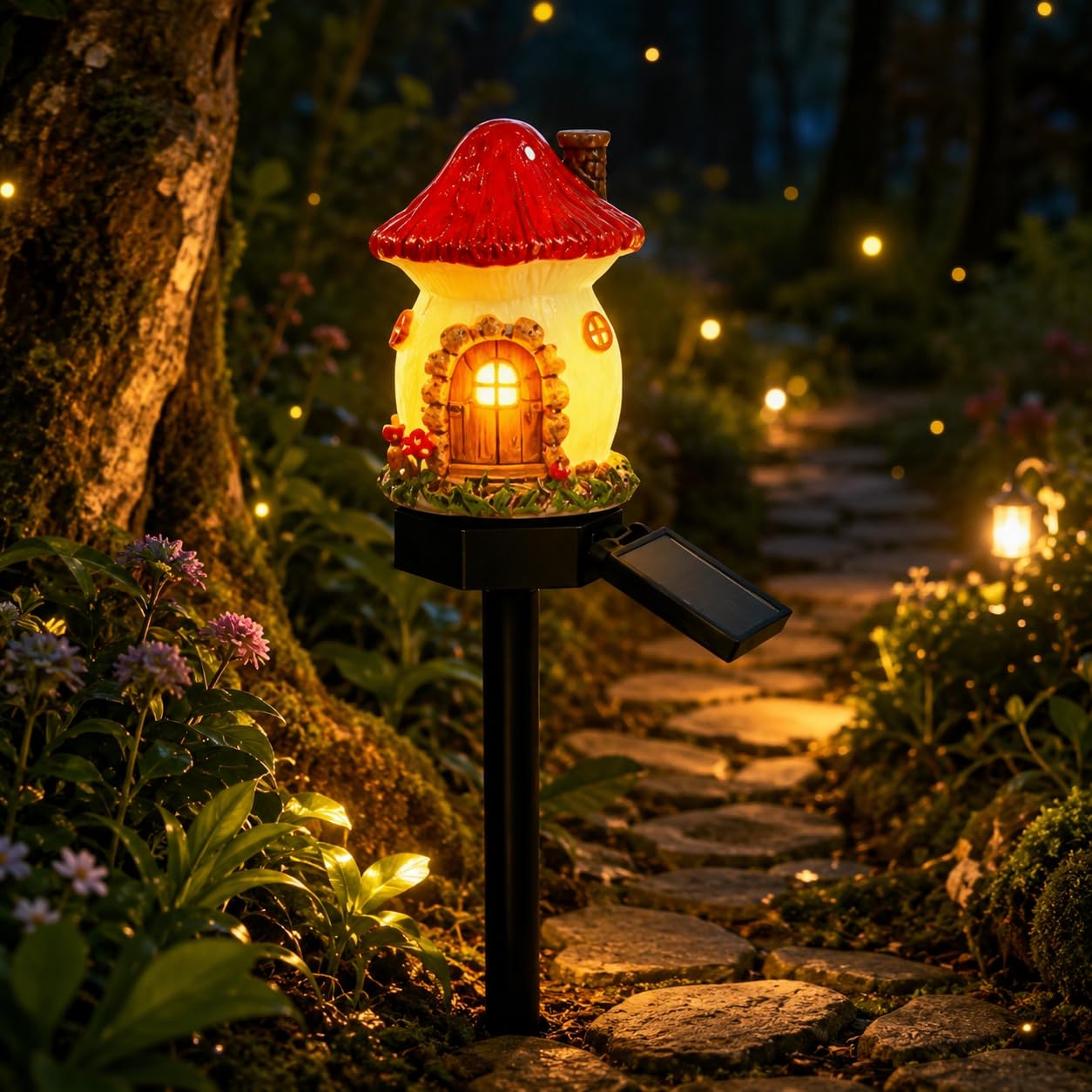 Solar Fairy-Tale Mushroom Cottage Garden Light,Waterproof LED Outdoor Mushroom House Statue Decor Lamp,Resin Cottage Garden Stake Lights,Auto On/Off Landscape Pathway Light for Yard Lawn Flower Bed
