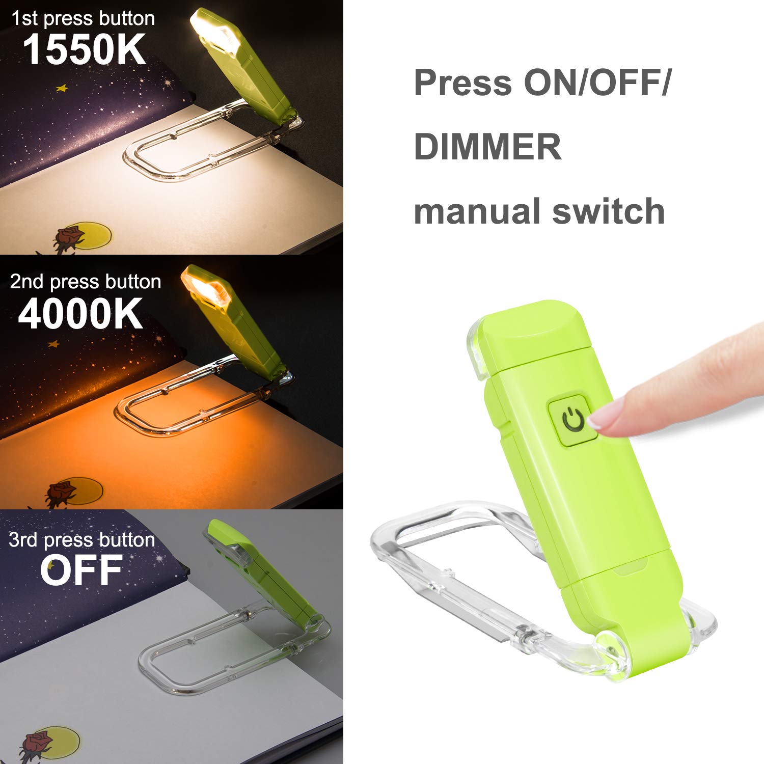 HONWELL Luz De Libro Recargable, Luces LED De Lectura Con Clip Para Niños Que Leen En La Cama, 3 Niveles De Brillo, Luz Regulable Para Protección Ocular, Lámpara De Lectura Portátil