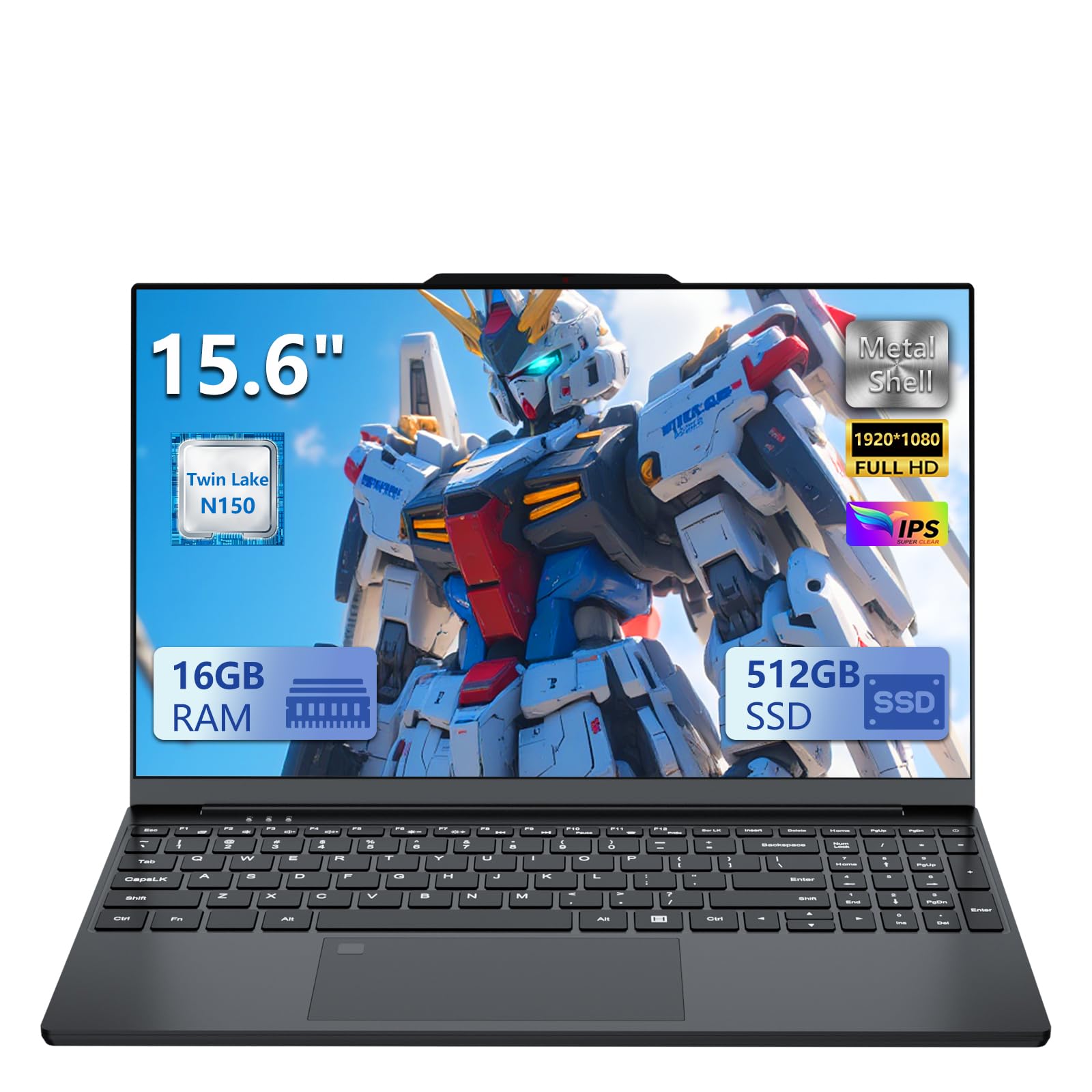 Ordenador Portátil 15.6 pulgadas N150 Procesador, Metal PC Portatil 16GB DDR4 RAM 512GB SSD, Laptop con Pantalla Ultra Estrecha FHD IPS, Teclado Retroiluminado, USB 3.0, Mini HDMI Computadora portátil