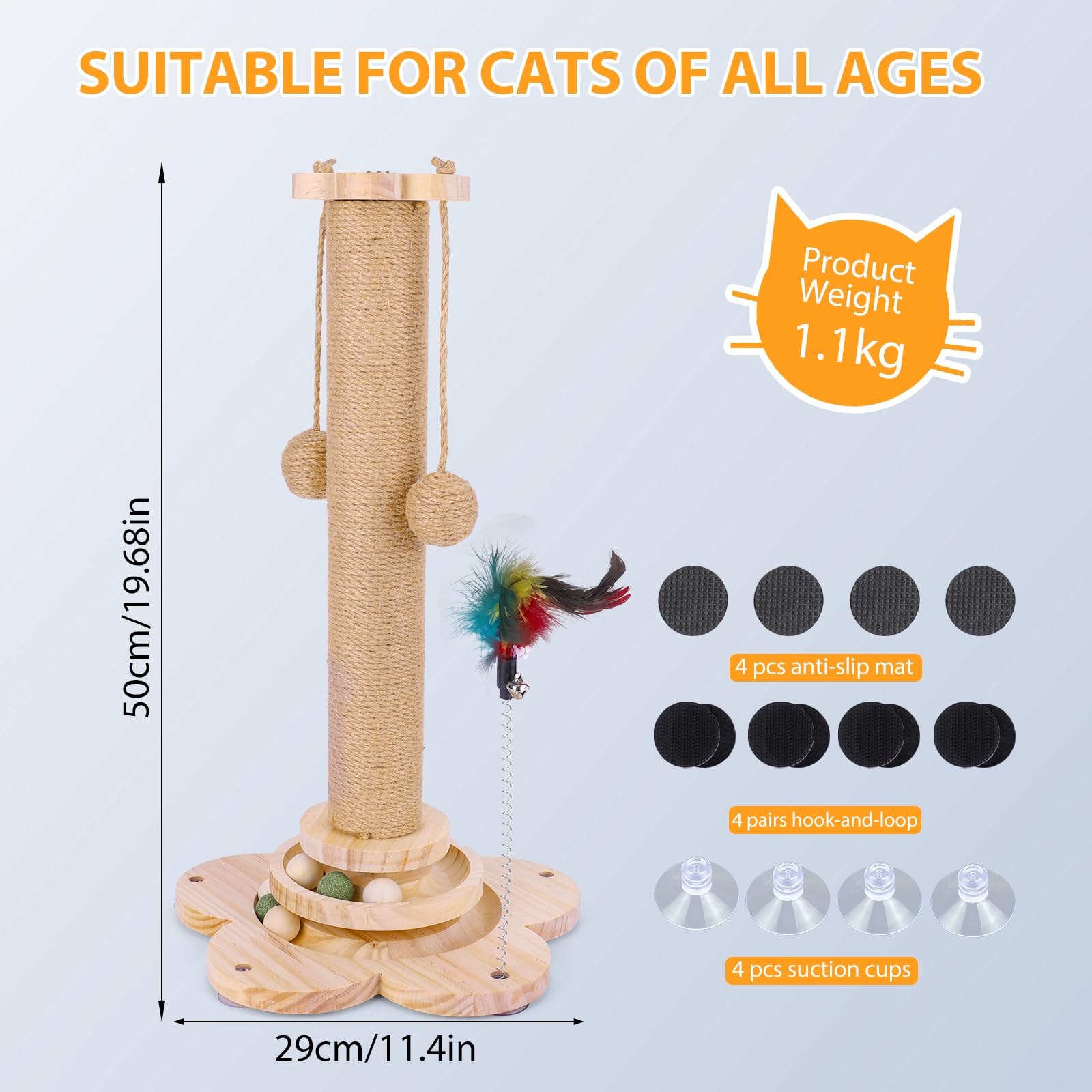 FitRepa Cat Scratching Post Multifunctional Cat Scratch Post, with Solid Wooden Base, Interactive Track & Spring Feather Toy - Image 2