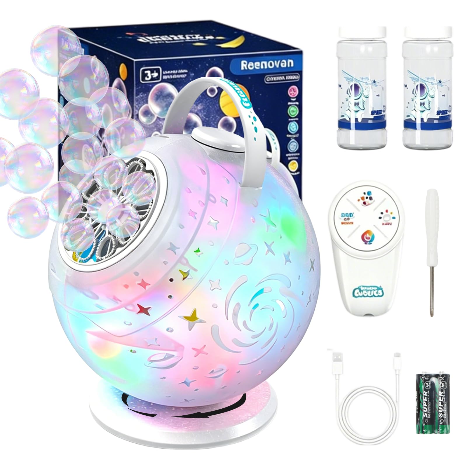 Máquina de pompas de jabón recargable con mando a distancia, 10 agujeros, rotación de 90°/360°, LED, USB-C 45 min tiempo de funcionamiento, burbujas grandes de jabón, para fiestas de
