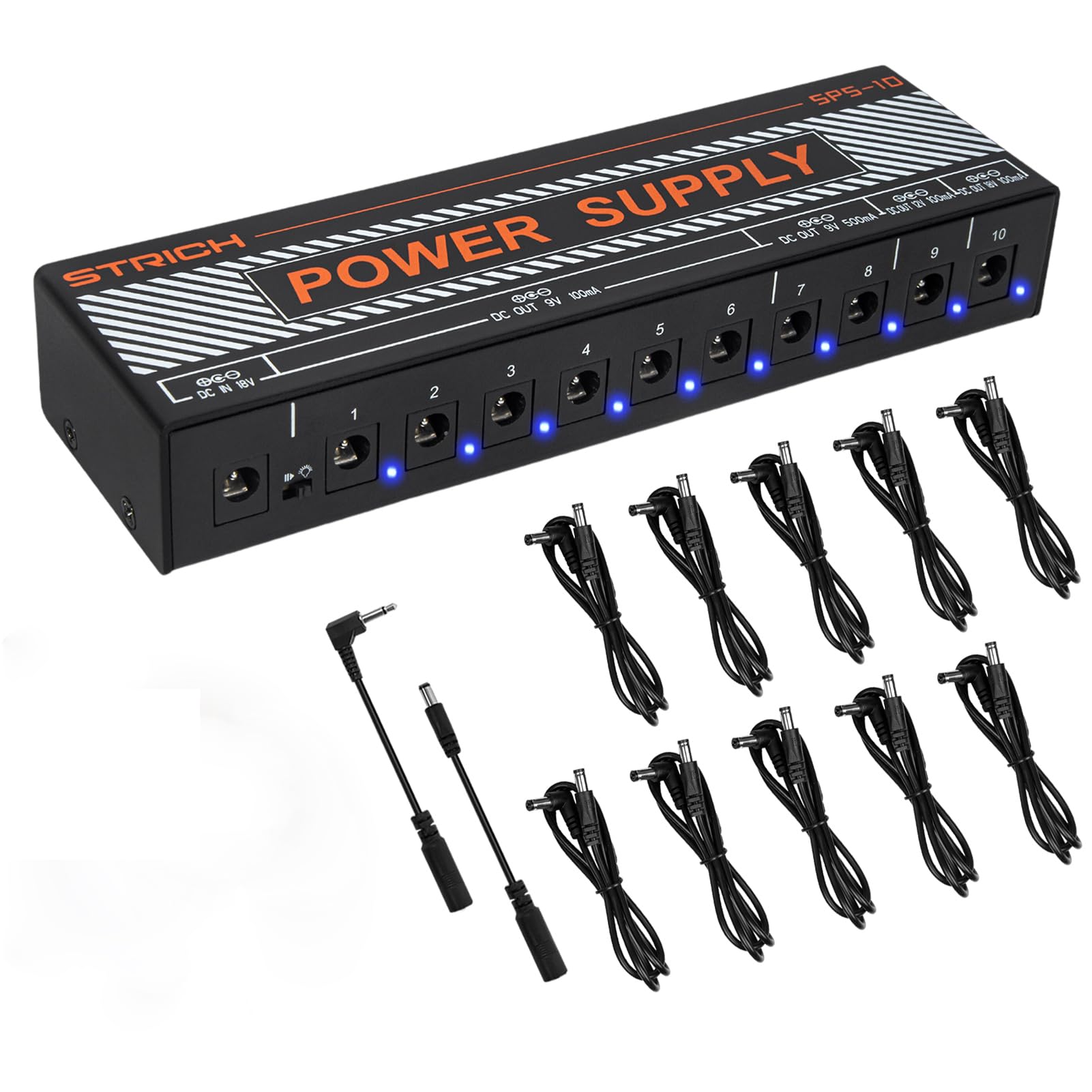 STRICH SPS-10 Gitarrenpedal-Netzteil, 10 Isolierte DC Ausgänge für 9V/12V/18V Gitarre Bass Effektpedale, 100mA 500mA Pedalboard-Netzteil mit Kurzschlussschutz
